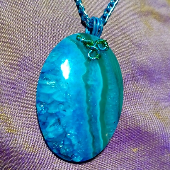 Blue green druzy agate handmade pendant necklace stripes waves wired - Picture 3 of 6